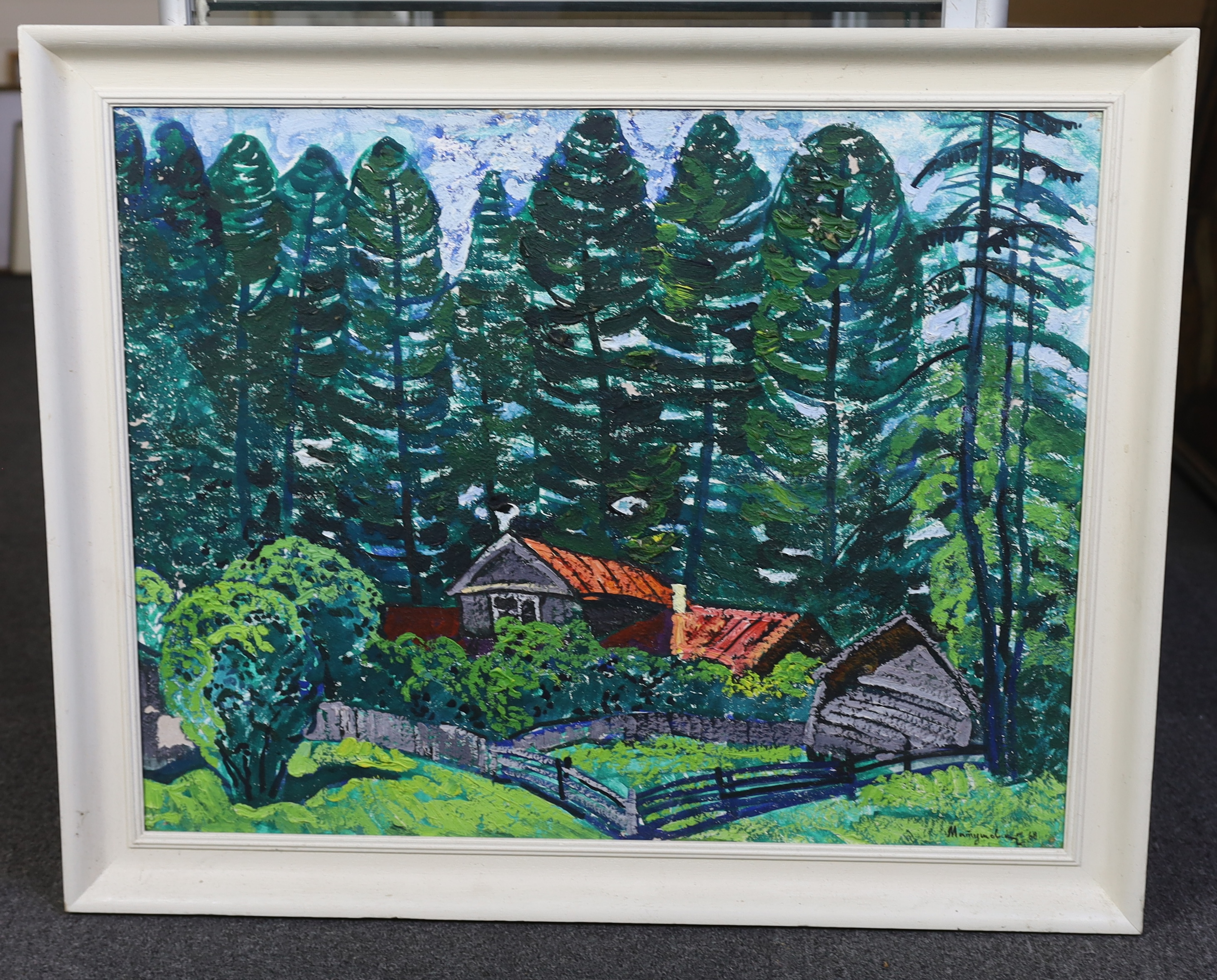 Yuri Matushevski (1930-1999) Farmhouse in a woodland clearing 21.5 x 27in.